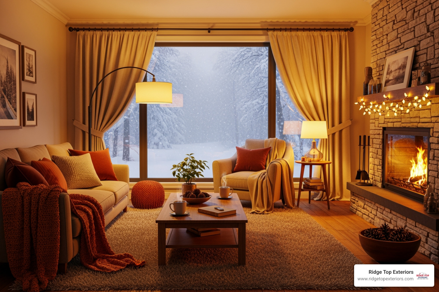 of a cozy living room in winter with snow visible outside the window - triple pane windows of a cozy living room in winter with snow visible outside the window - triple pane windows