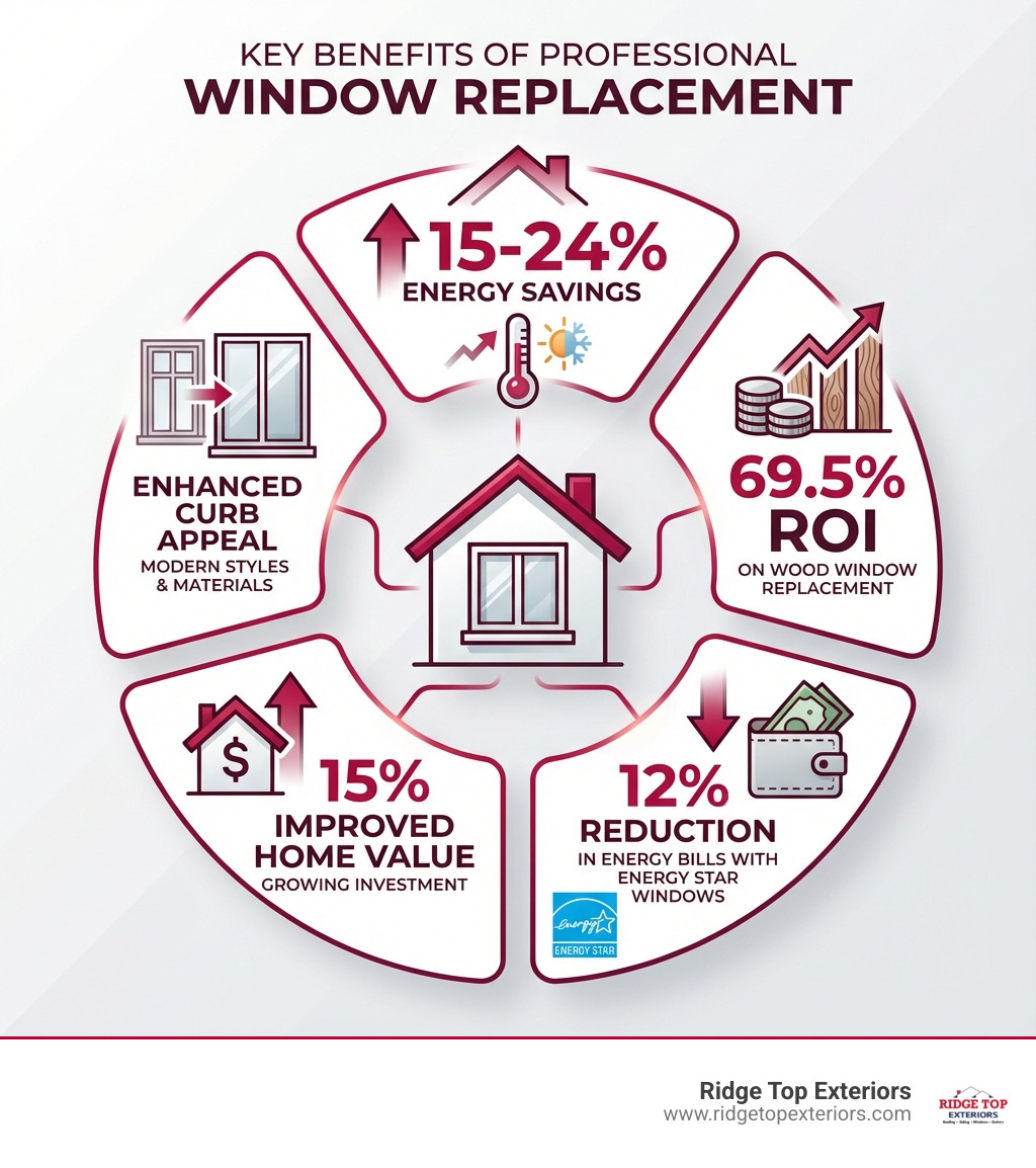 Infographic showing the key benefits of professional window replacement: 15-24% energy savings, 69.5% ROI on wood window replacement, 12% reduction in energy bills with ENERGY STAR windows, improved home value by 15%, and enhanced curb appeal with modern styles and materials - Best window contractor infographic 