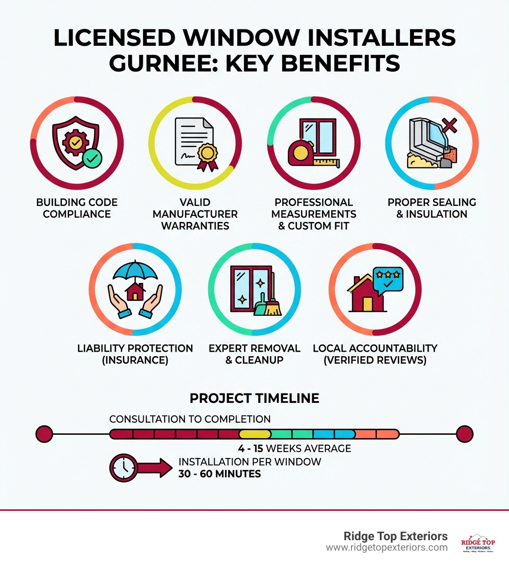 Infographic showing the benefits of hiring licensed window installers in Gurnee: Building code compliance, valid manufacturer warranties, professional measurements and custom fit, proper sealing and insulation, liability protection through insurance, expert removal and cleanup, and local accountability with verified reviews. Timeline from consultation to completion averages 4-15 weeks, with installation taking 30-60 minutes per window. - licensed window installers Gurnee infographic 