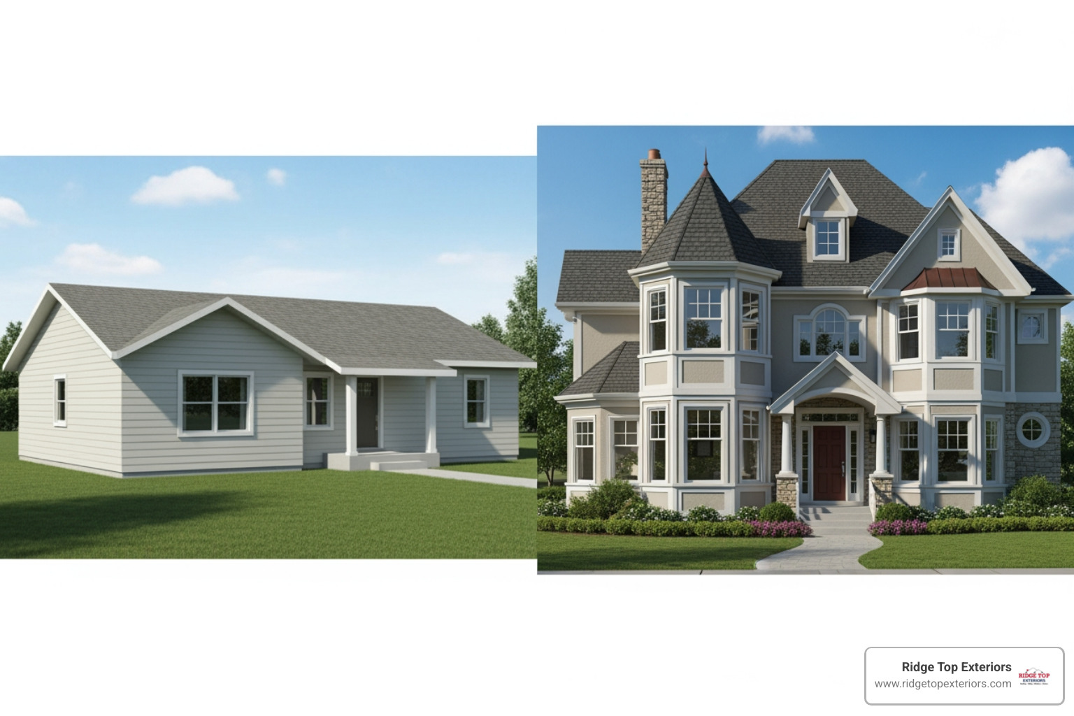 a simple rectangular house compared to one with multiple gables and dormers - New Siding Cost 2026
