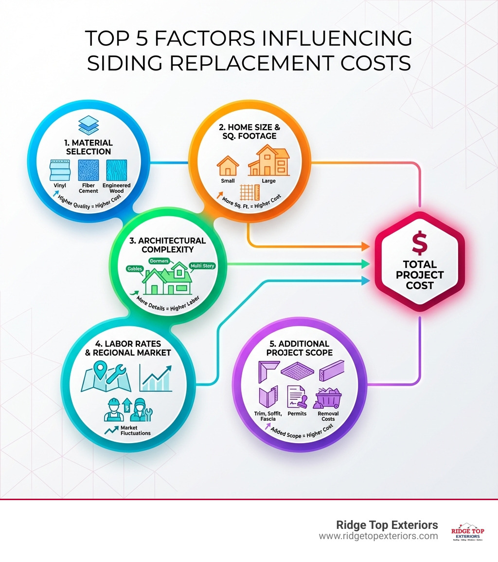 Infographic showing the top 5 factors that influence siding replacement costs: 1. Material Selection (vinyl, fiber cement, engineered wood), 2. Home Size and Square Footage, 3. Architectural Complexity (gables, dormers, multi-story), 4. Labor Rates and Regional Market Conditions, 5. Additional Project Scope (trim, soffit, fascia, permits, removal costs) - New Siding Cost 2026 infographic 