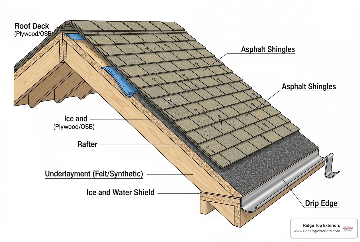 Diagram showing the layers of a GAF roofing system from deck to shingles - GAF golden pledge Diagram showing the layers of a GAF roofing system from deck to shingles - GAF golden pledge
