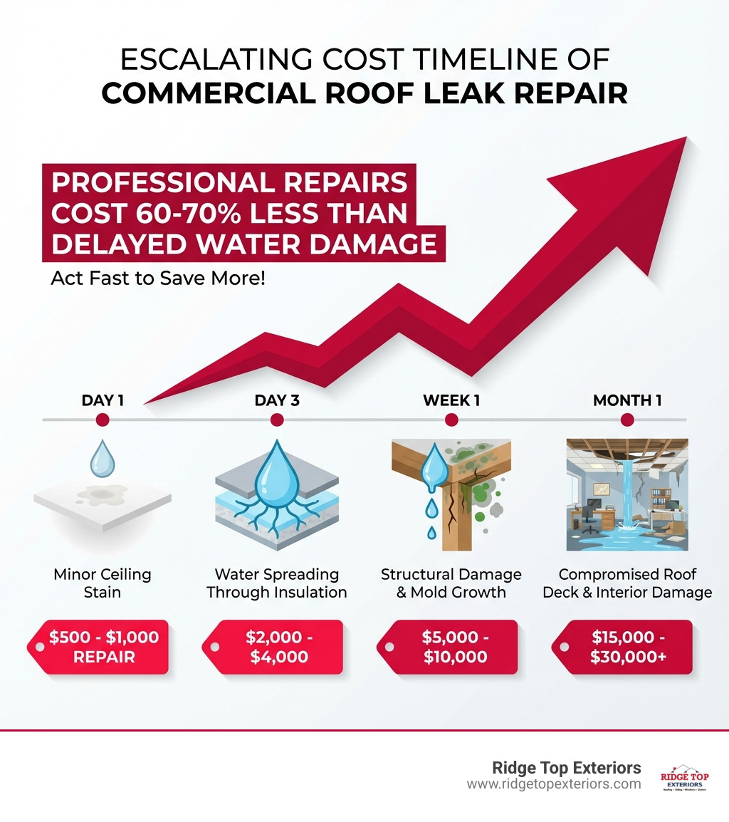 Infographic showing the escalating cost timeline of commercial roof leak repair: Day 1 shows minor ceiling stain ($500-1000 repair), Day 3 shows water spreading through insulation ($2000-4000), Week 1 shows structural damage and mold growth ($5000-10000), Month 1 shows compromised roof deck and interior damage ($15000-30000+), with a red arrow trending upward and text stating "Professional repairs cost 60-70% less than delayed water damage" - Commercial roof leak repair infographic 