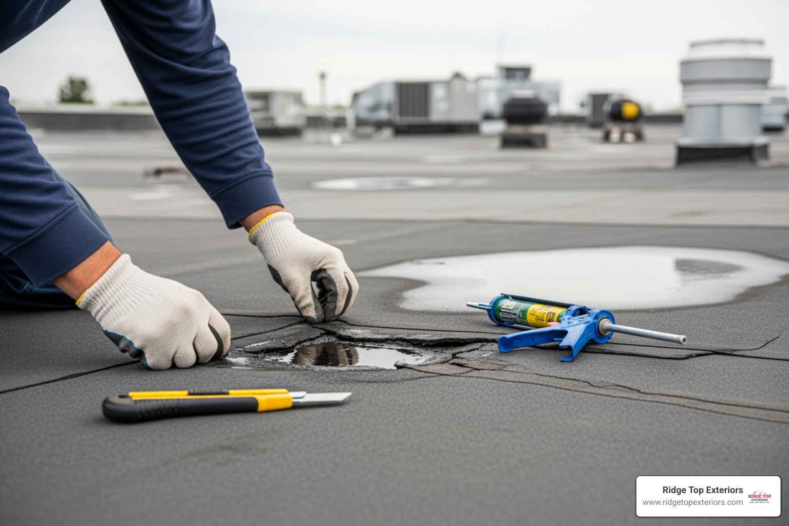 Professional roofer inspecting a damaged commercial flat roof - Commercial roof leak repair