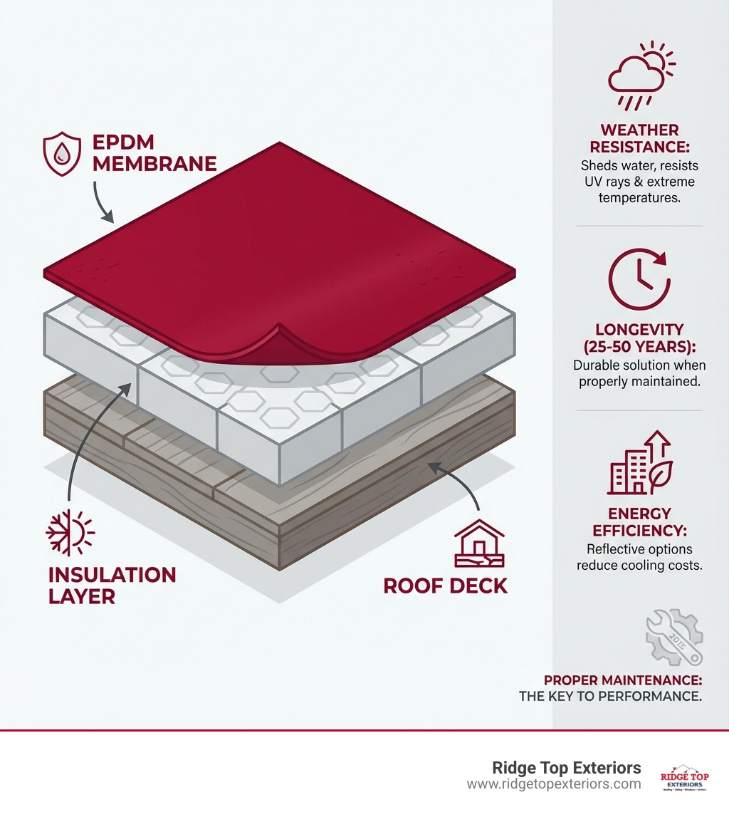 Infographic showing the layers of an EPDM roofing system with callouts for membrane, insulation, and deck, plus benefits like weather resistance, longevity (25-50 years), and energy efficiency when properly maintained - epdm rubber roof maintenance infographic 