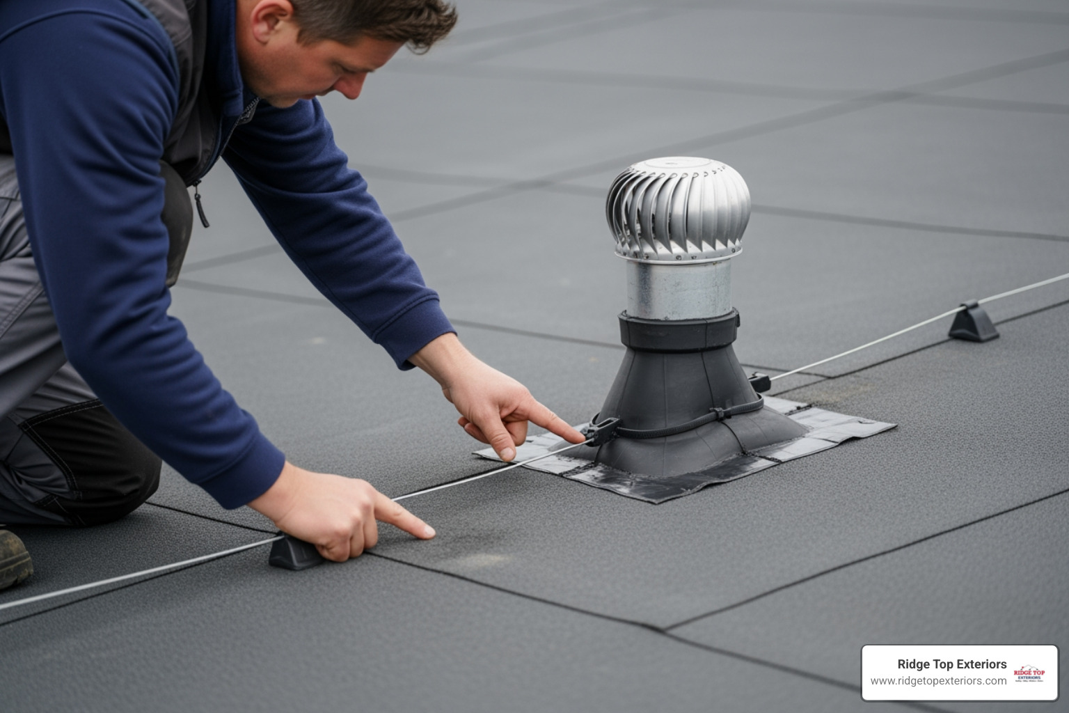 Professional inspecting the flashing around a vent pipe on an EPDM roof - epdm rubber roof maintenance