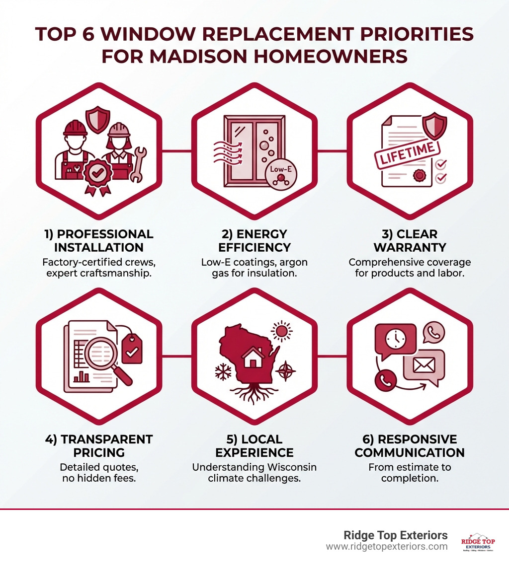 Infographic showing the top 6 factors Madison homeowners prioritize when choosing a window replacement company: 1) Professional installation crews with factory certification, 2) Energy-efficient windows with Low-E coatings and argon gas, 3) Clear warranty coverage for products and labor, 4) Transparent pricing with detailed quotes, 5) Local experience understanding Wisconsin climate, 6) Responsive communication from estimate to completion - best window replacement company Madison WI reviews infographic Infographic showing the top 6 factors Madison homeowners prioritize when choosing a window replacement company: 1) Professional installation crews with factory certification, 2) Energy-efficient windows with Low-E coatings and argon gas, 3) Clear warranty coverage for products and labor, 4) Transparent pricing with detailed quotes, 5) Local experience understanding Wisconsin climate, 6) Responsive communication from estimate to completion - best window replacement company Madison WI reviews infographic