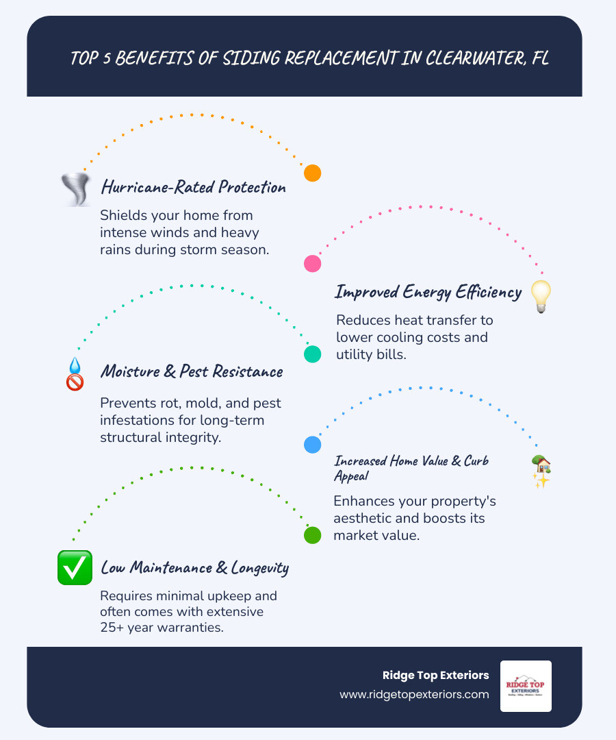 Infographic showing the top 5 benefits of siding replacement in Clearwater, FL: 1. Hurricane-rated protection against wind and rain, 2. Energy efficiency to lower cooling costs, 3. Moisture and pest resistance for long-term durability, 4. Increased home value and curb appeal, 5. Low maintenance with 25+ year warranties, all displayed using Ridge Top Exteriors colors #B20839 and #0D224B - best siding contractor Clearwater FL infographic infographic-line-5-steps-blues-accent_colors