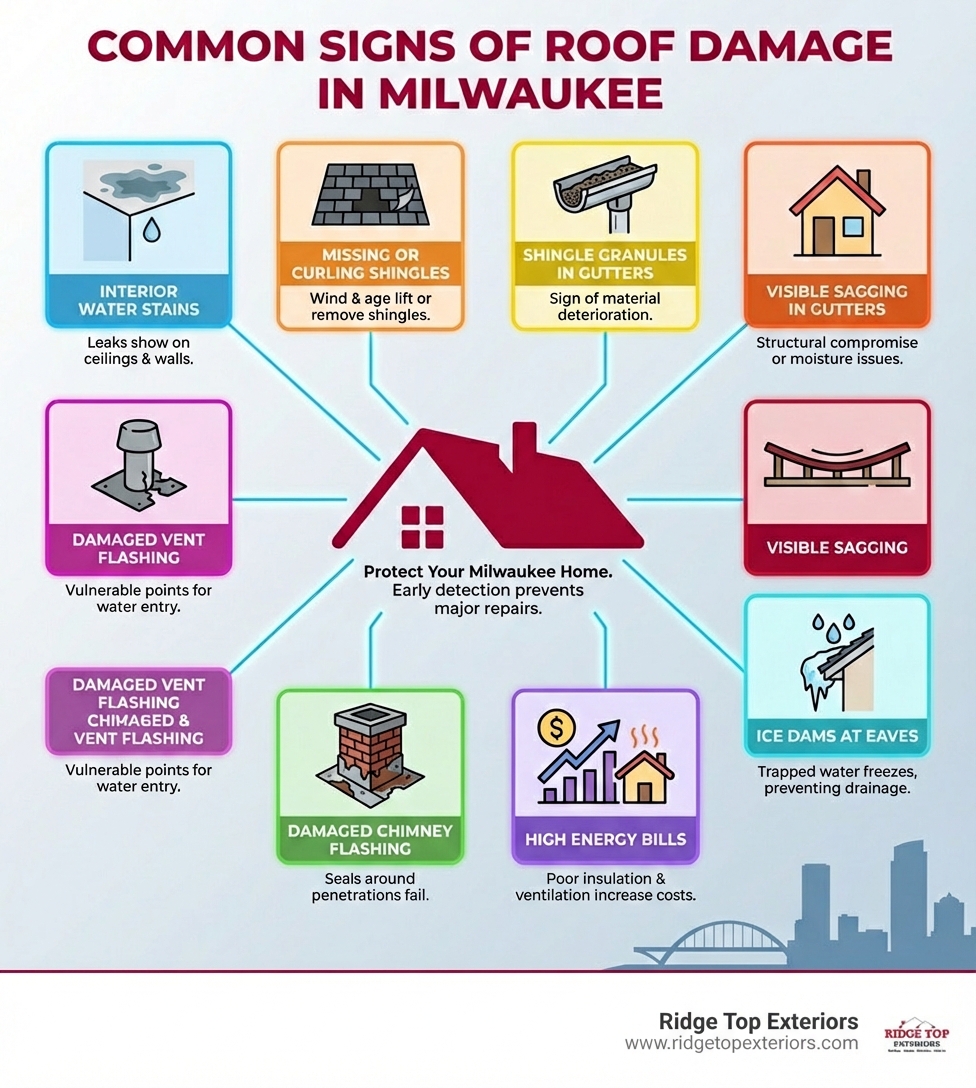 Infographic showing common signs of roof damage in Milwaukee: interior water stains, missing or curling shingles, shingle granules in gutters, visible sagging, ice dams at eaves, high energy bills, and damaged flashing around chimneys and vents - Milwaukee roof repairs infographic Infographic showing common signs of roof damage in Milwaukee: interior water stains, missing or curling shingles, shingle granules in gutters, visible sagging, ice dams at eaves, high energy bills, and damaged flashing around chimneys and vents - Milwaukee roof repairs infographic