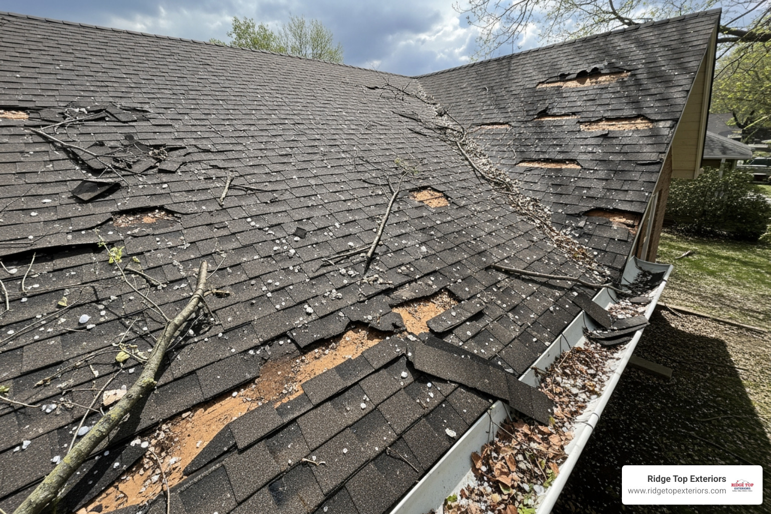 A residential roof showing visible hail damage after a storm - Milwaukee roof repairs A residential roof showing visible hail damage after a storm - Milwaukee roof repairs