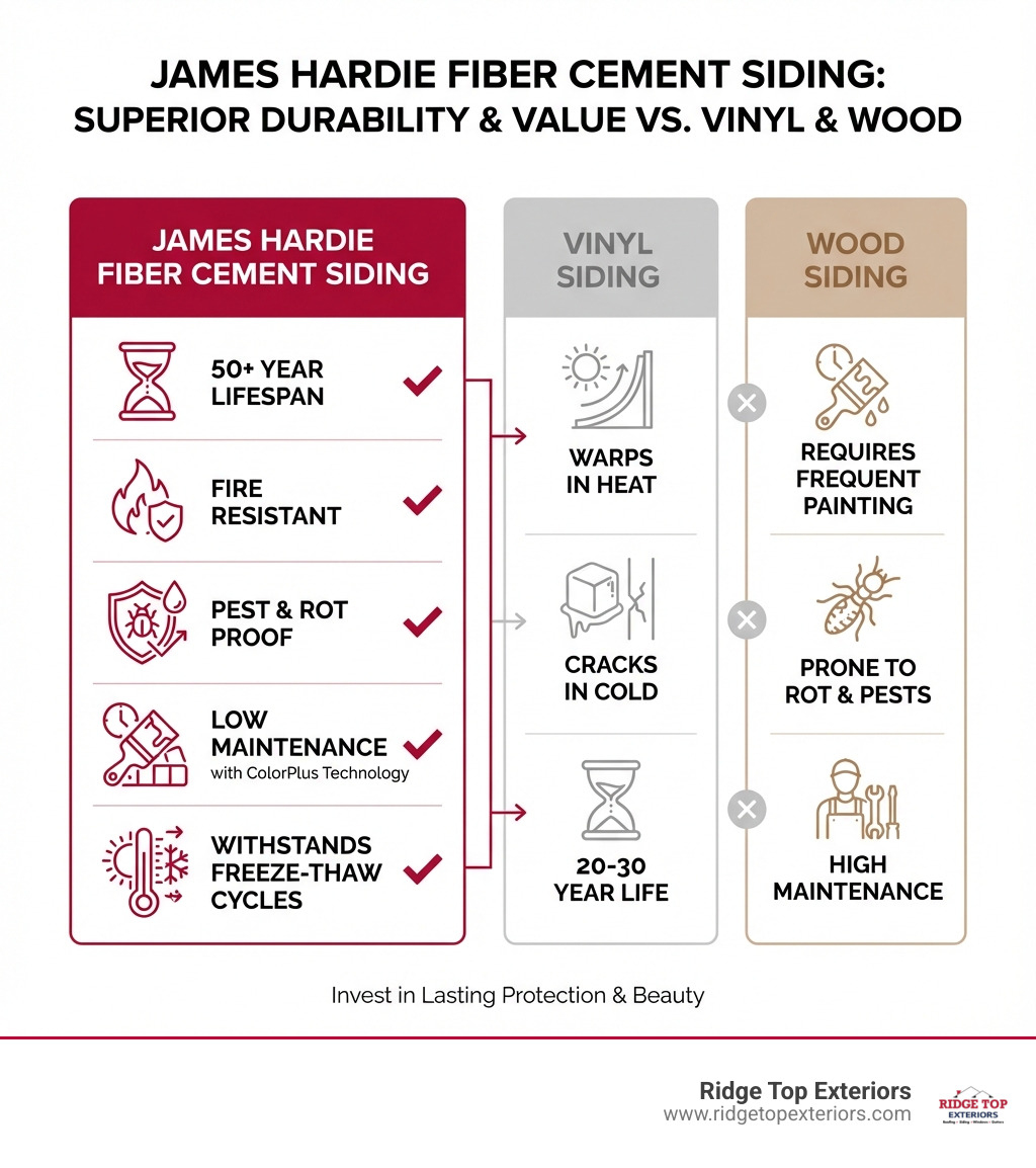 Infographic comparing James Hardie fiber cement siding benefits: 50+ year lifespan, fire resistant, pest and rot proof, low maintenance with ColorPlus Technology, withstands freeze-thaw cycles, versus vinyl (warps in heat, cracks in cold, 20-30 year life) and wood (requires frequent painting, prone to rot and pests, high maintenance) - James Hardie siding Madison infographic 