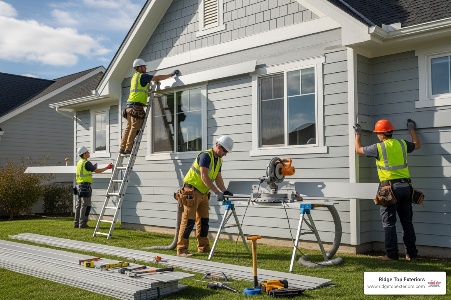 Siding installation crew working on a residential home - James Hardie siding Madison