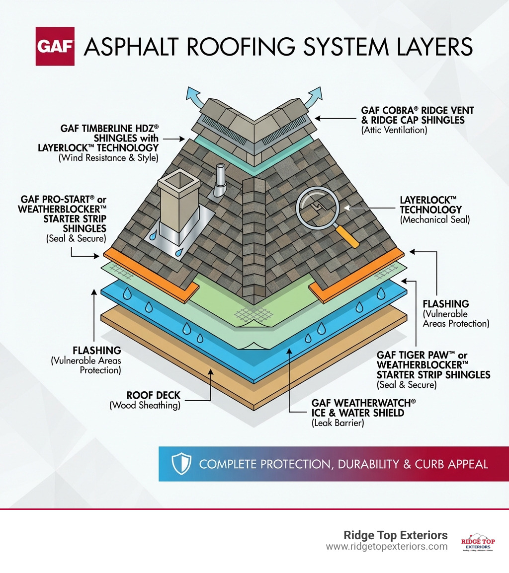 infographic showing the complete layers of a GAF asphalt roofing system from roof deck to shingles, including underlayment, ice and water shield, starter strips, flashing, ridge vents, and GAF Timberline HDZ shingles with LayerLock technology - What is asphalt roofing? infographic infographic showing the complete layers of a GAF asphalt roofing system from roof deck to shingles, including underlayment, ice and water shield, starter strips, flashing, ridge vents, and GAF Timberline HDZ shingles with LayerLock technology - What is asphalt roofing? infographic