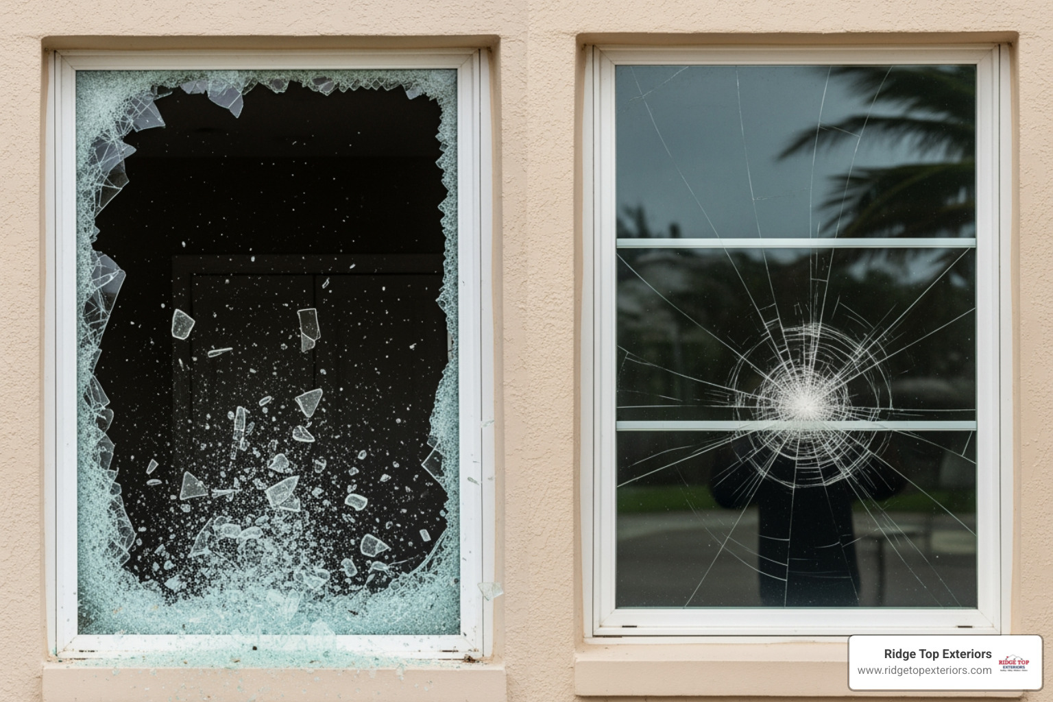 side-by-side comparison showing a shattered traditional window next to a cracked but intact impact window - Clearwater hurricane windows side-by-side comparison showing a shattered traditional window next to a cracked but intact impact window - Clearwater hurricane windows