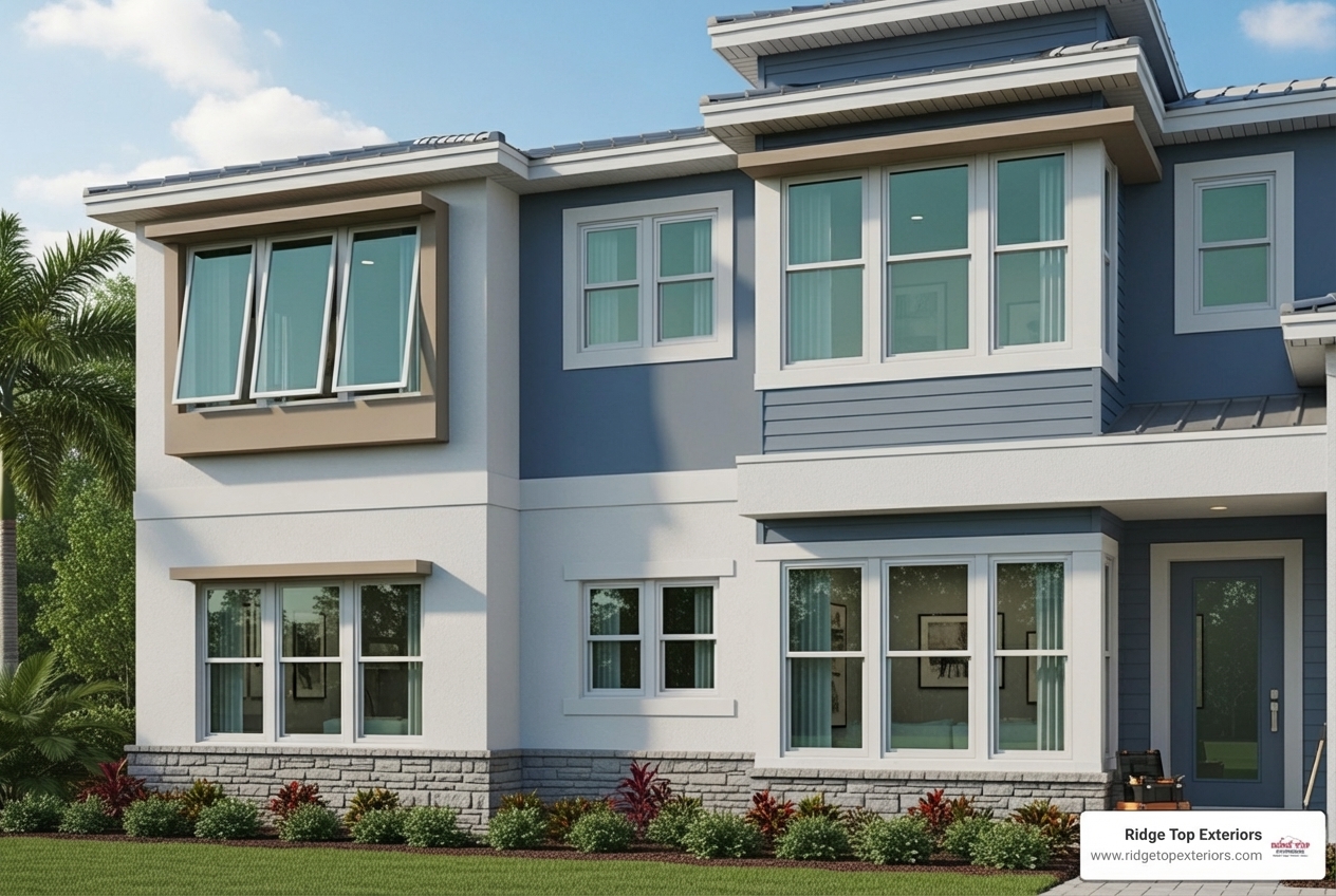 various hurricane window styles (casement, single-hung, picture) on a Florida home - Clearwater hurricane windows various hurricane window styles (casement, single-hung, picture) on a Florida home - Clearwater hurricane windows