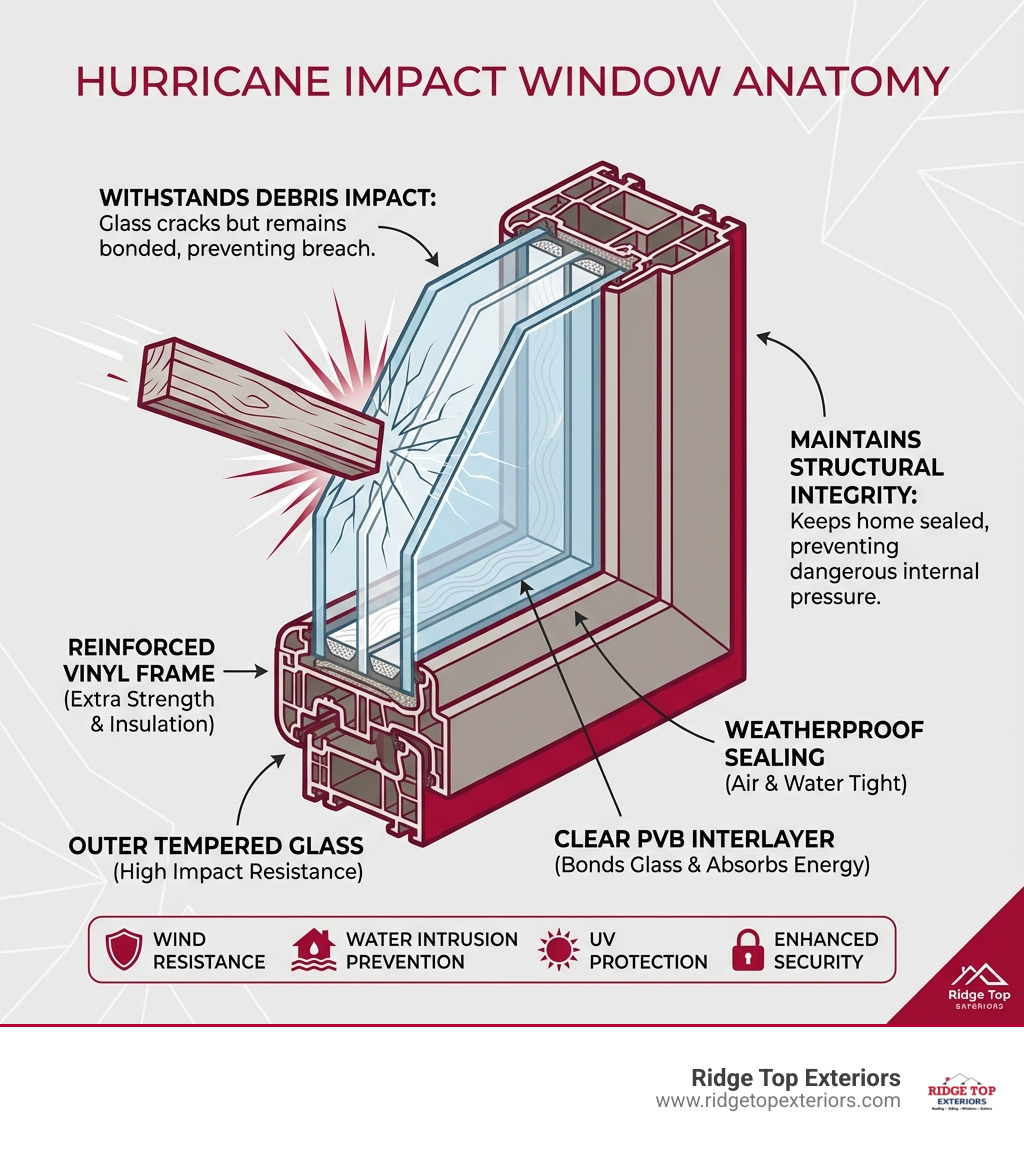 Infographic showing the cross-section anatomy of a hurricane impact window with labeled layers: outer tempered glass, clear PVB interlayer, inner tempered glass, reinforced vinyl frame, weatherproof sealing, and annotations showing how it withstands debris impact while maintaining structural integrity - Clearwater hurricane windows infographic Infographic showing the cross-section anatomy of a hurricane impact window with labeled layers: outer tempered glass, clear PVB interlayer, inner tempered glass, reinforced vinyl frame, weatherproof sealing, and annotations showing how it withstands debris impact while maintaining structural integrity - Clearwater hurricane windows infographic