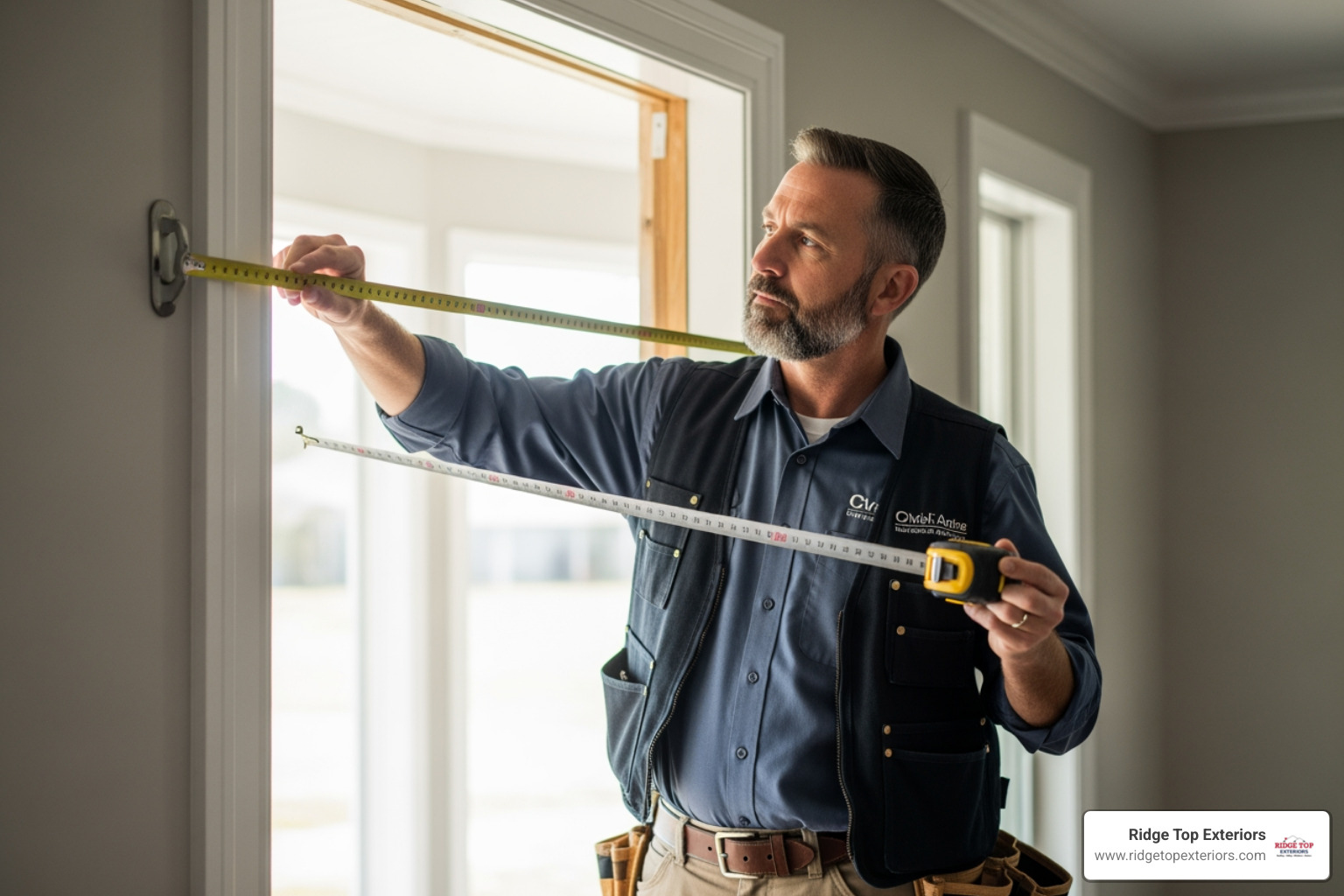 contractor measuring a window opening for a quote - window replacement quote
