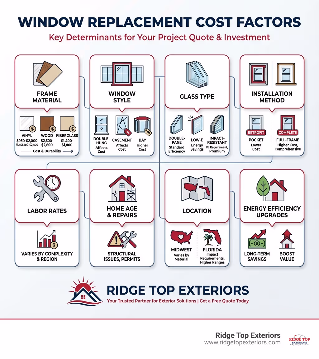 Infographic showing the key factors that determine window replacement cost: frame material (vinyl, wood, fiberglass), window style (double-hung, casement, bay), glass type (double-pane, Low-E, impact-resistant), installation method (full-frame vs pocket), labor rates, home age and structural repairs, location (Midwest vs Florida), and energy efficiency upgrades. Each factor includes a brief cost range and visual icon. Includes Ridge Top Exteriors branding in white, #B20839, and #0D224B colors. - window replacement quote infographic 