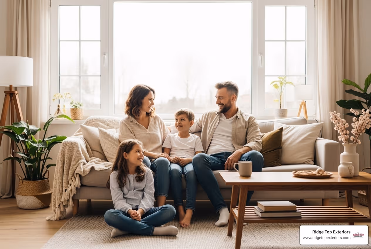 family enjoying a comfortable, well-lit living room with new windows - window replacement quote