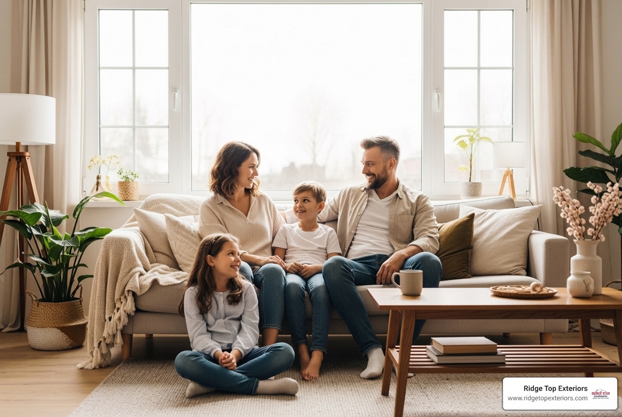 family enjoying a comfortable, well-lit living room with new windows - window replacement quote