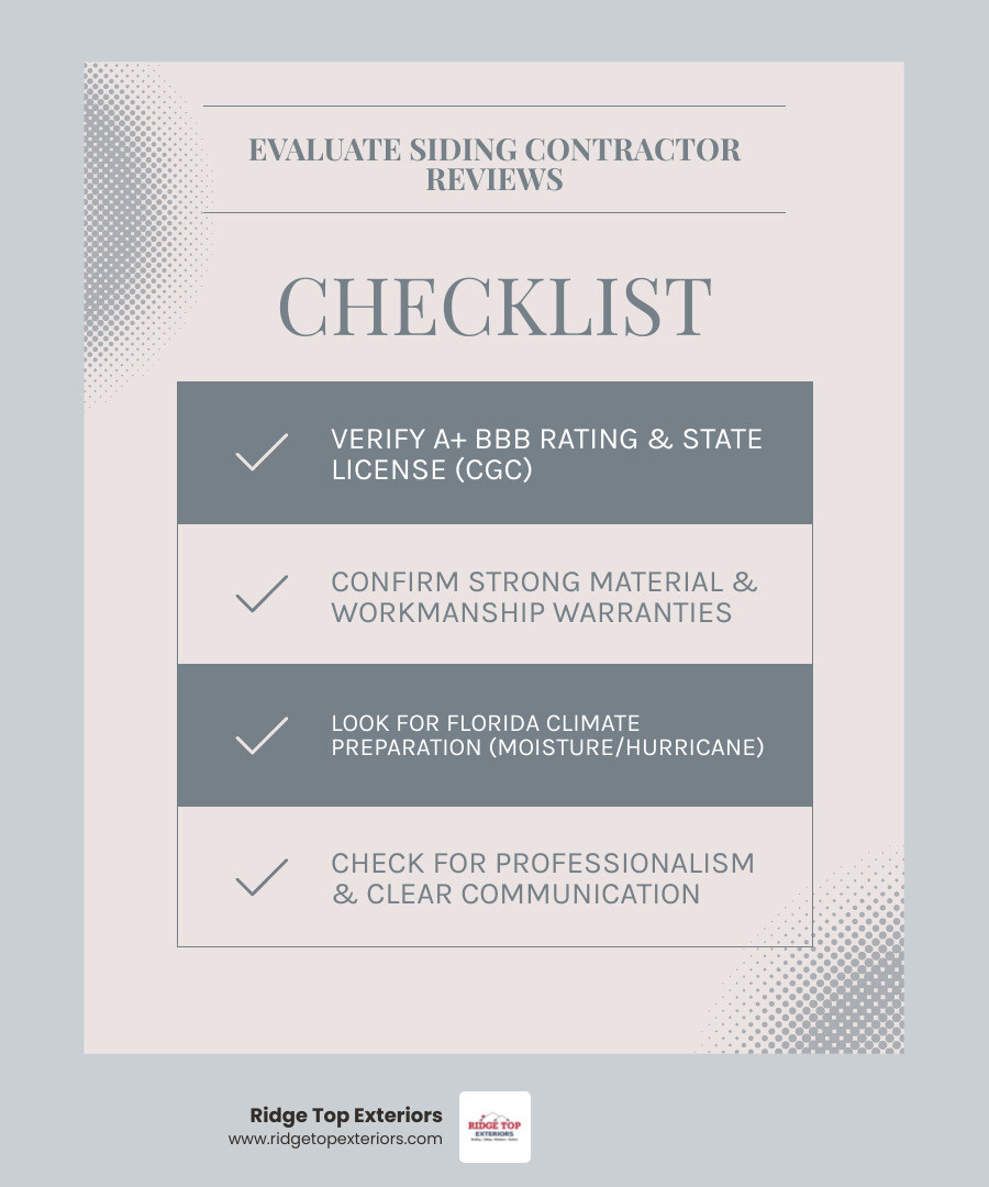 Infographic showing key factors to evaluate when reading vinyl siding installation reviews in Clearwater, FL: BBB rating and licensing verification, warranty coverage (25+ years workmanship), moisture protection systems for Florida climate, crew professionalism and communication, competitive pricing transparency, cleanup and project completion standards - vinyl siding installation Clearwater Florida reviews infographic checklist-light-blue-grey Infographic showing key factors to evaluate when reading vinyl siding installation reviews in Clearwater, FL: BBB rating and licensing verification, warranty coverage (25+ years workmanship), moisture protection systems for Florida climate, crew professionalism and communication, competitive pricing transparency, cleanup and project completion standards - vinyl siding installation Clearwater Florida reviews infographic checklist-light-blue-grey