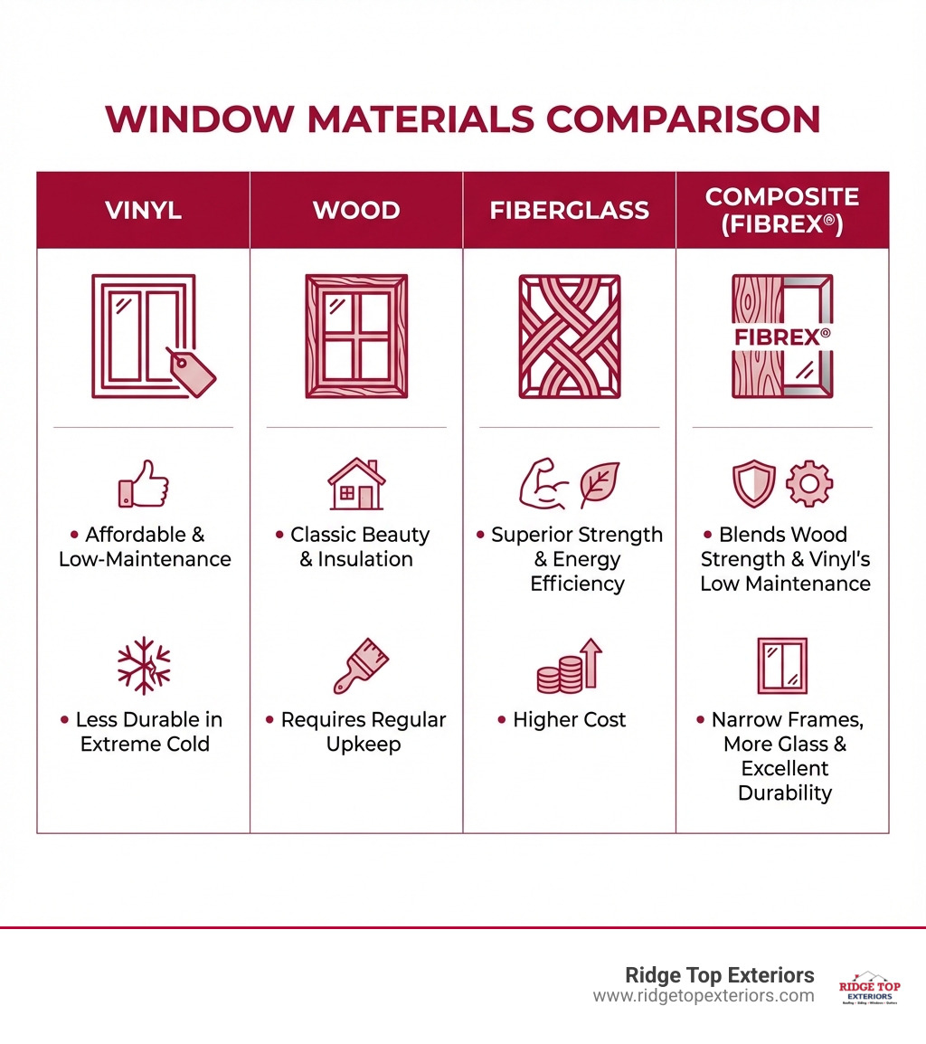 Infographic comparing window materials: Vinyl is affordable and low-maintenance but less durable in extreme cold; Wood offers classic beauty and insulation but requires regular upkeep; Fiberglass provides superior strength and energy efficiency at a higher cost; Composite (like Fibrex®) blends wood strength with vinyl's low maintenance, offering narrow frames for more glass and excellent durability - andersen windows madison wi infographic 