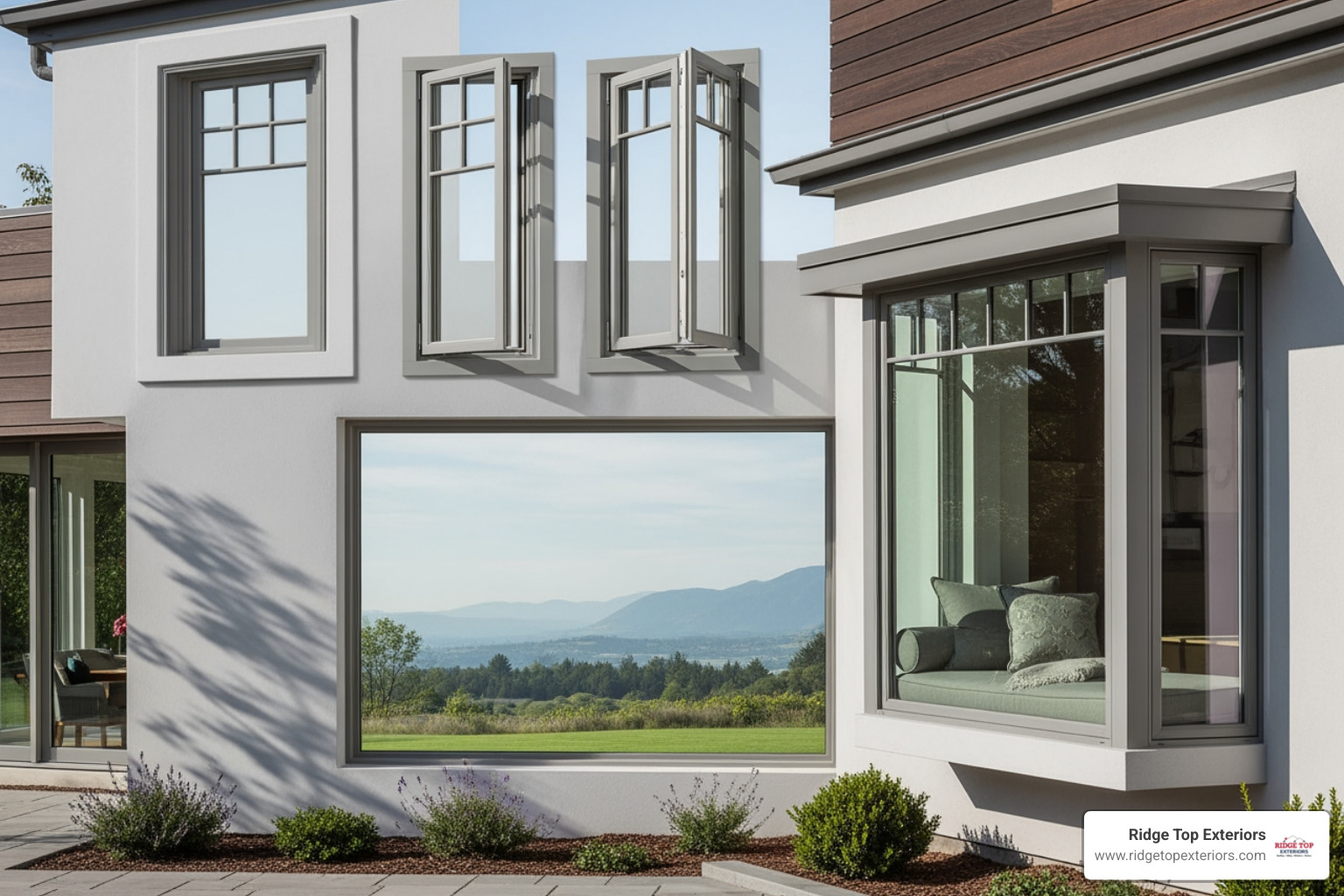 Collage of different Andersen window styles, including double-hung, casement, picture, and bay windows, in a modern home setting. - andersen windows madison wi