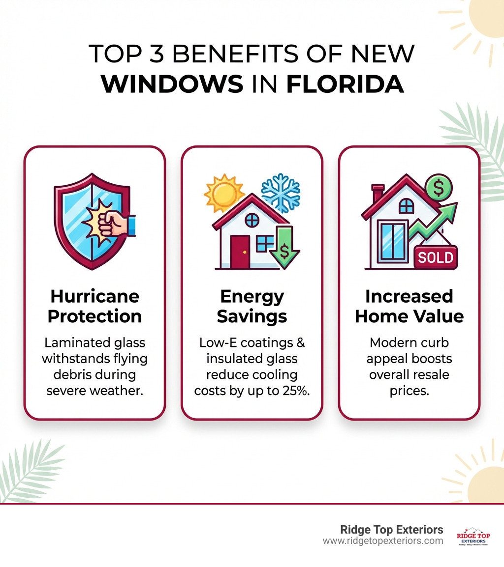 Infographic showing the top 3 benefits of new windows in Florida: Hurricane Protection with laminated glass that withstands debris; Energy Savings with Low-E coatings and insulated glass that reduce cooling costs by up to 25%; and Increased Home Value with modern curb appeal that boosts resale prices - window replacement pinellas county infographic 