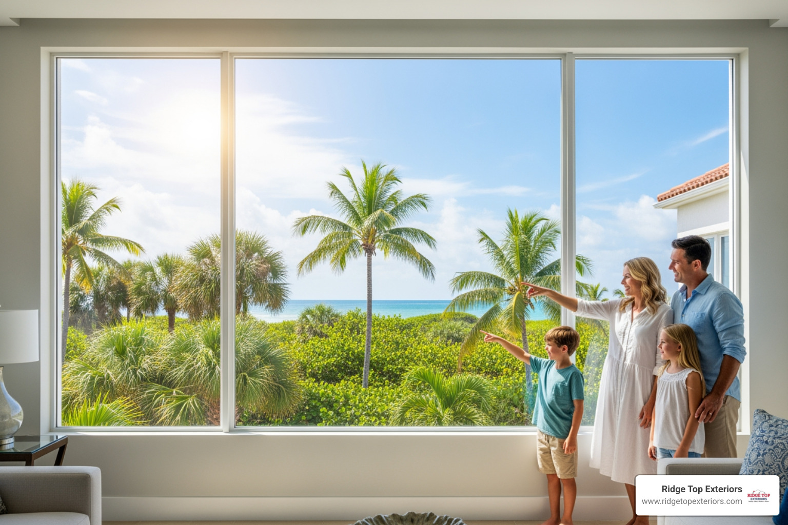 A family looking out a large, clear picture window at a sunny Florida view - window replacement pinellas county