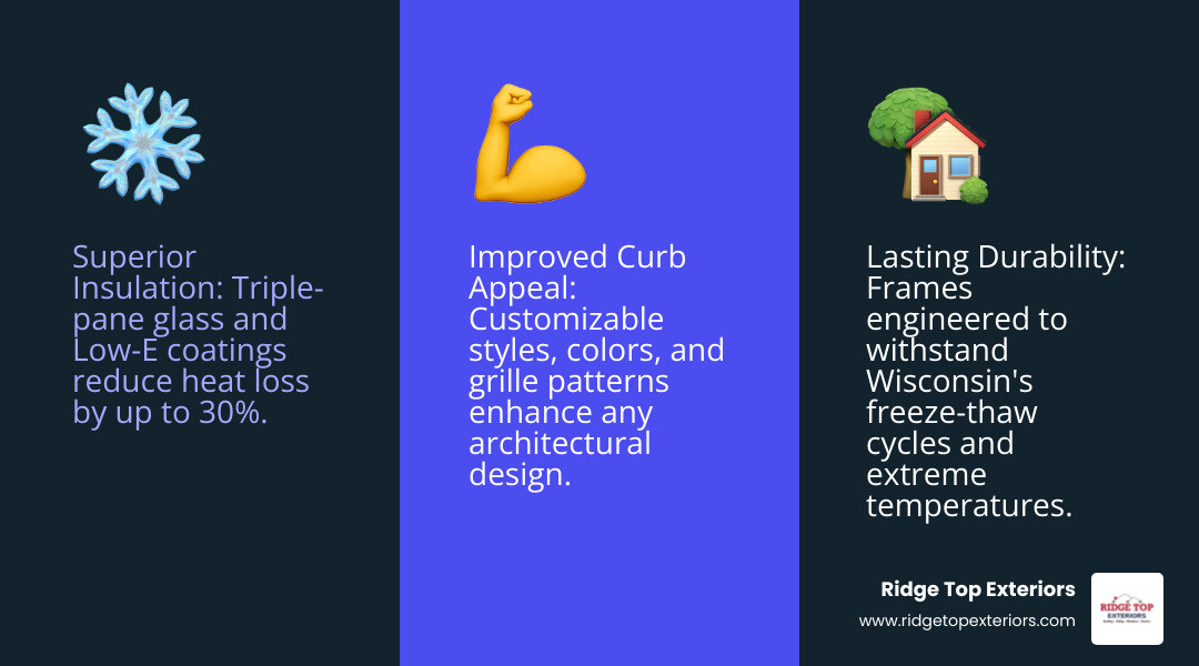 Infographic showing three main benefits of Pella windows for Wisconsin homes: 1) Superior Insulation with triple-pane glass and Low-E coatings reducing heat loss by up to 30%, 2) Lasting Durability with frames engineered to withstand freeze-thaw cycles and extreme temperature swings, and 3) Improved Curb Appeal with customizable styles, colors, and grille patterns that complement any architectural design - Pella Windows Appleton WI infographic 3_facts_emoji_blue