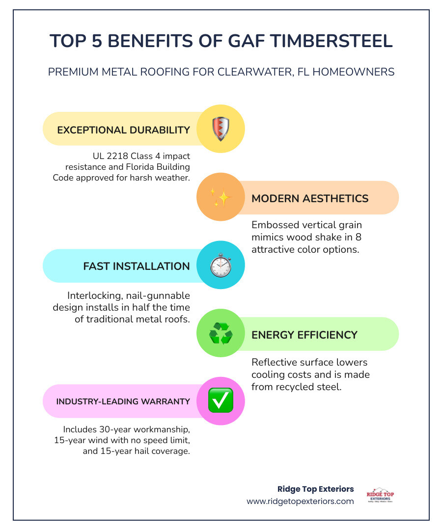Infographic showing top 5 benefits of GAF Timbersteel: 1) Exceptional Durability - UL 2218 Class 4 impact resistance and Florida Building Code approval, 2) Modern Aesthetics - Embossed vertical grain mimics wood shake in 8 colors, 3) Fast Installation - Half the time of traditional metal roofs with nail-gunnable design, 4) Energy Efficiency - Reflective surface lowers cooling costs and made from recyclable steel, 5) Industry-Leading Warranty - 30-year workmanship, 15-year wind with no speed limit, 15-year hail coverage - GAF Timbersteel infographic infographic-line-5-steps-colors