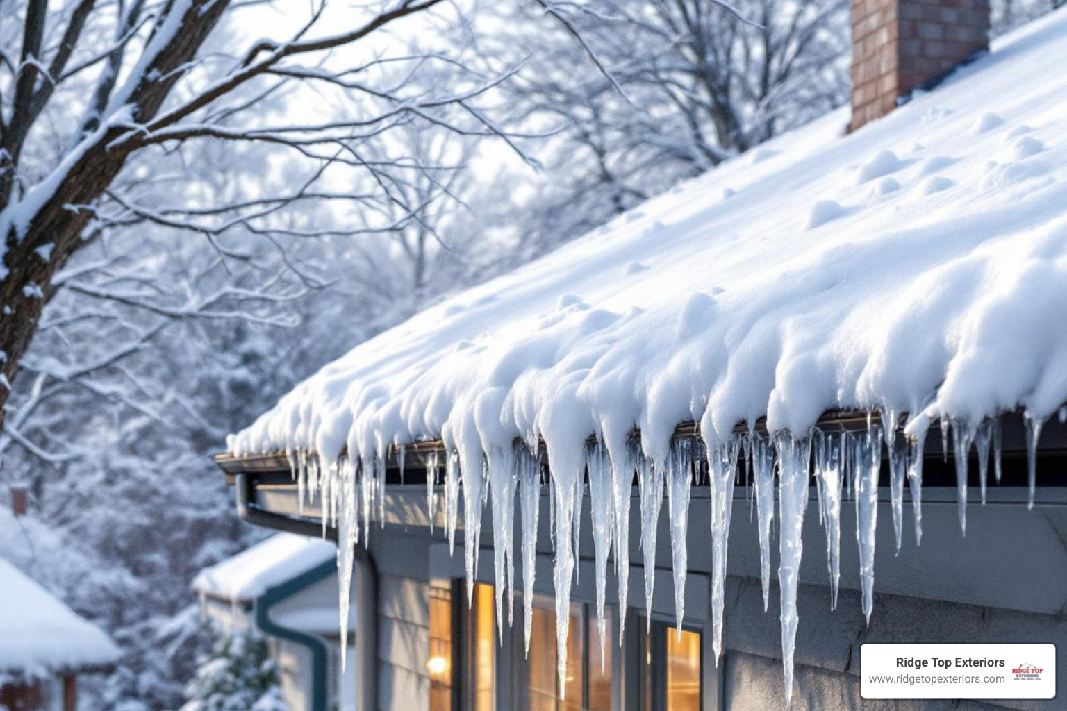 A roof covered in snow with icicles hanging from the eaves - Lake County roof repair