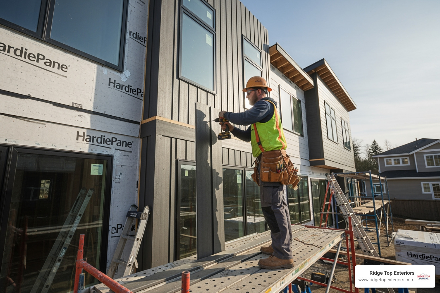 Contractor installing HardiePanel vertical siding on a multi-story home - Hardie board cost Milwaukee