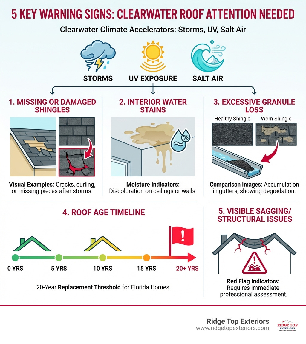 Infographic showing the 5 key warning signs that indicate your Clearwater roof needs professional attention: 1) Missing or damaged shingles with visual examples, 2) Interior water stains with moisture indicators, 3) Excessive granule loss in gutters with comparison images, 4) Roof age timeline showing the 20-year replacement threshold for Florida homes, 5) Visible sagging or structural issues with red flag indicators. Include icons for storms, UV exposure, and salt air as common Clearwater climate factors that accelerate roof damage. - clearwater fl roofing infographic 