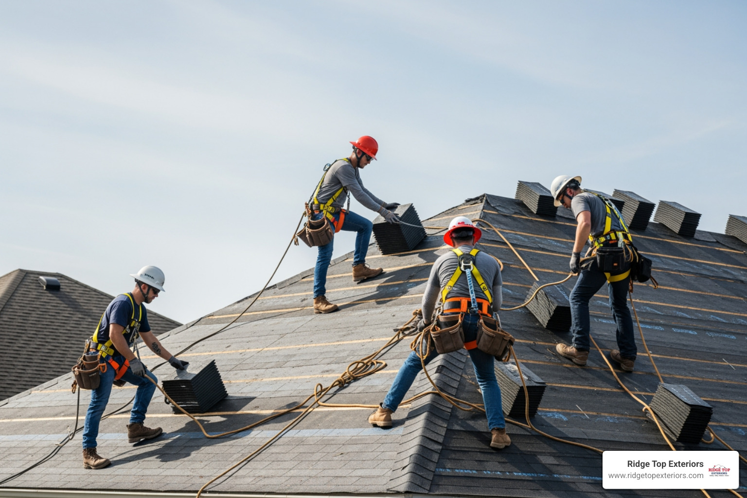 professional roofing team safely working on a residential roof replacement - clearwater fl roofing