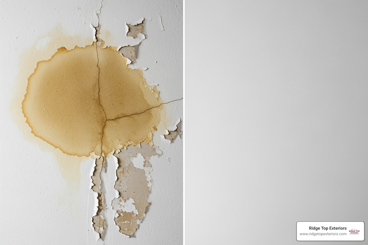 A water-stained ceiling next to a photo of a solid, leak-free roof - Roof Maintenance A water-stained ceiling next to a photo of a solid, leak-free roof - Roof Maintenance