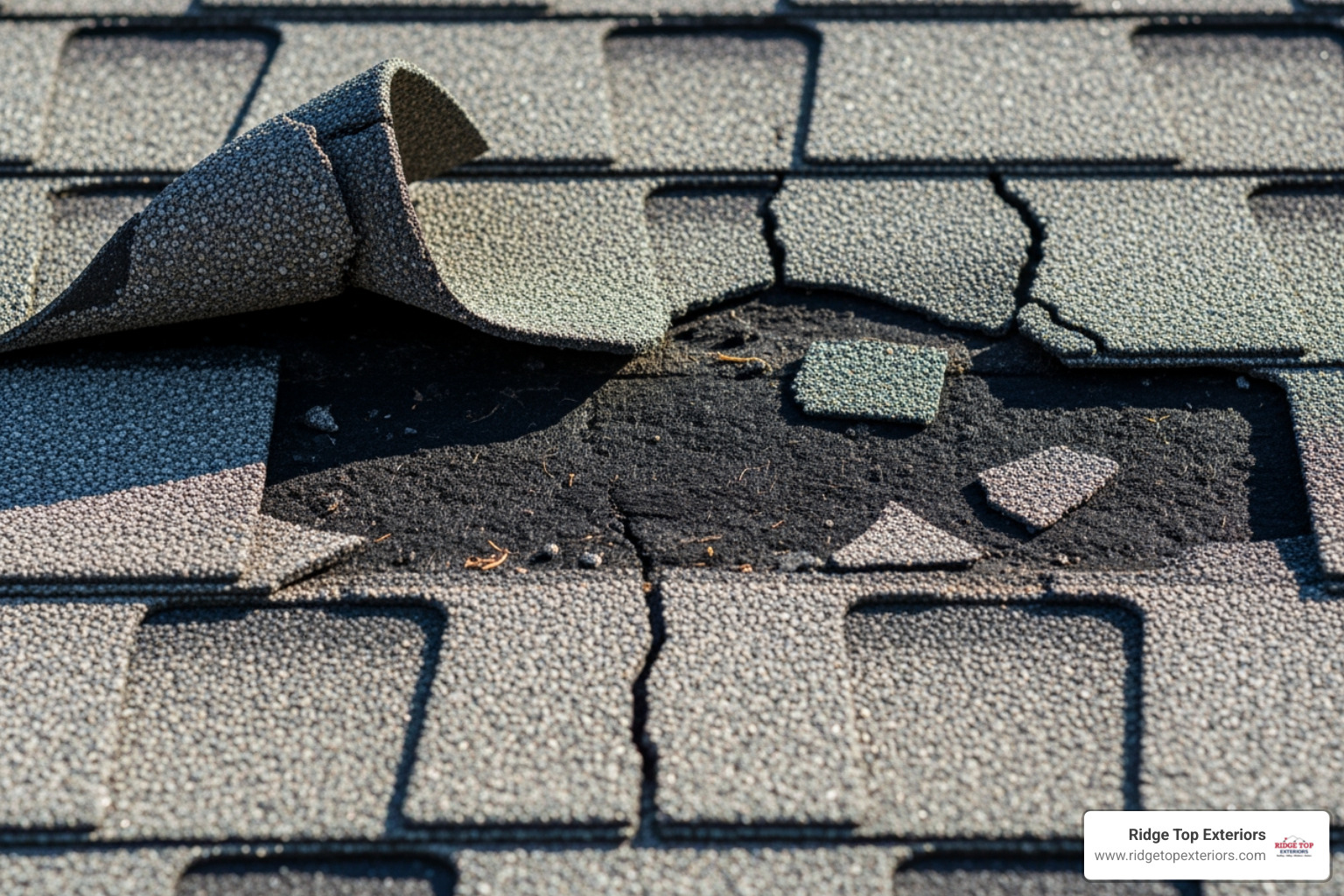 Examples of curling, cracked, and missing asphalt shingles - Roof Maintenance Examples of curling, cracked, and missing asphalt shingles - Roof Maintenance