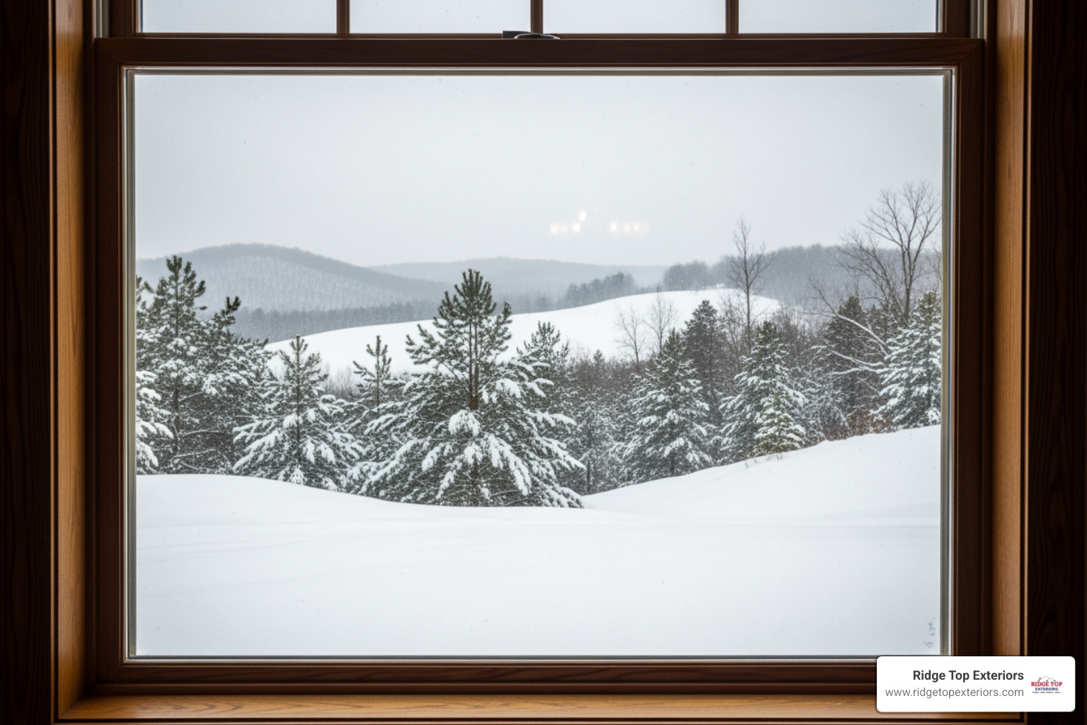 Pella window showing a snowy Wisconsin scene outside, with no condensation on the interior glass - Pella Windows Milwaukee