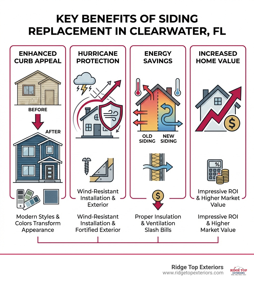 Infographic showing the key benefits of siding replacement in Clearwater FL: Enhanced Curb Appeal with modern styles and colors, Hurricane Protection through wind-resistant installation, Energy Savings with proper insulation and ventilation, and Increased Home Value with impressive ROI - Clearwater FL siding experts infographic Infographic showing the key benefits of siding replacement in Clearwater FL: Enhanced Curb Appeal with modern styles and colors, Hurricane Protection through wind-resistant installation, Energy Savings with proper insulation and ventilation, and Increased Home Value with impressive ROI - Clearwater FL siding experts infographic