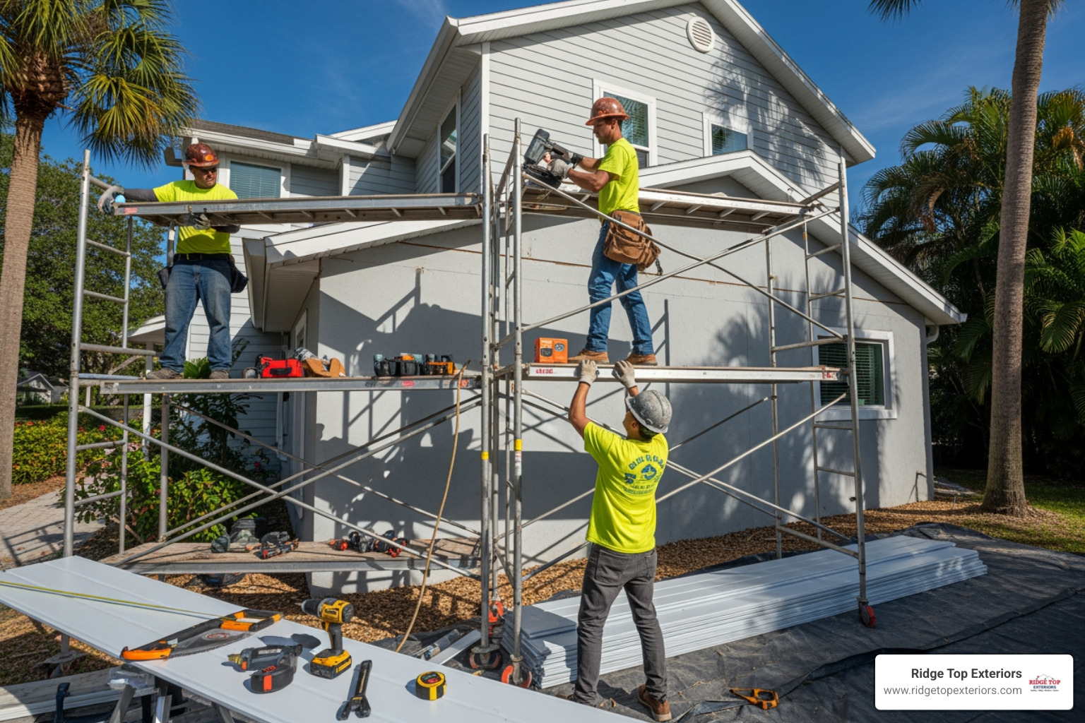 Siding installation crew working on a Clearwater home - Clearwater FL siding experts Siding installation crew working on a Clearwater home - Clearwater FL siding experts