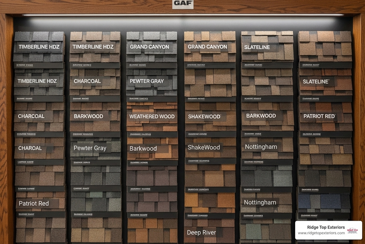 a display of different GAF architectural shingle colors and styles - roof installation Milwaukee