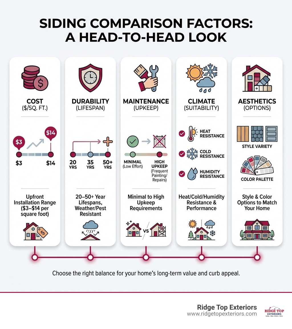 Infographic showing key siding comparison factors: Cost ranges from $3-14 per square foot, Durability spanning 20-50+ year lifespans, Maintenance requirements from minimal to high upkeep, Climate suitability for heat/cold/humidity resistance, and Aesthetics including style and color options - Compare siding options infographic 