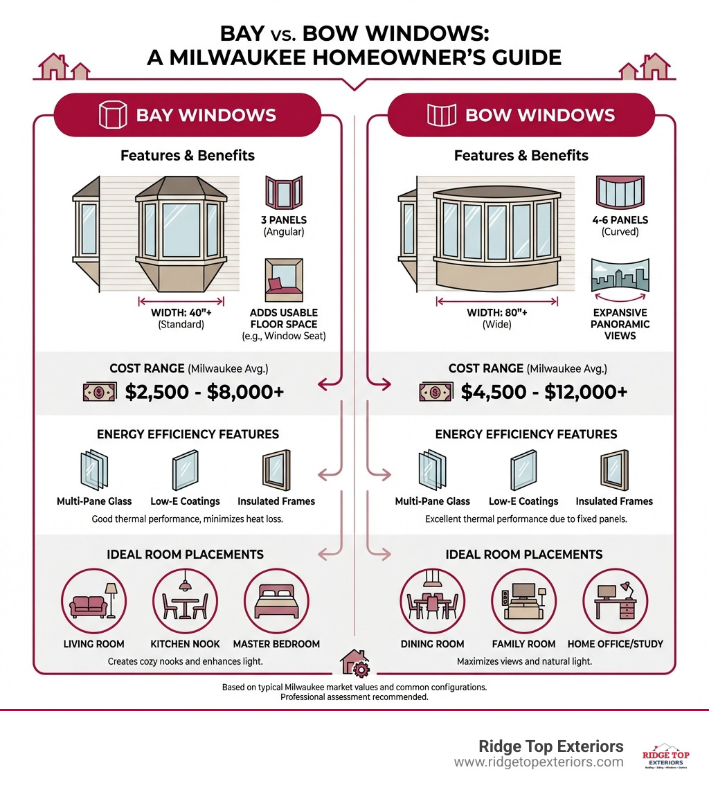 Infographic comparing bay windows (3 panels, angular, 40"+ width, adds floor space) versus bow windows (4-6 panels, curved, 80"+ width, panoramic views) with cost ranges, energy efficiency features, and ideal room placements for Milwaukee homes - Bay windows Milwaukee infographic 