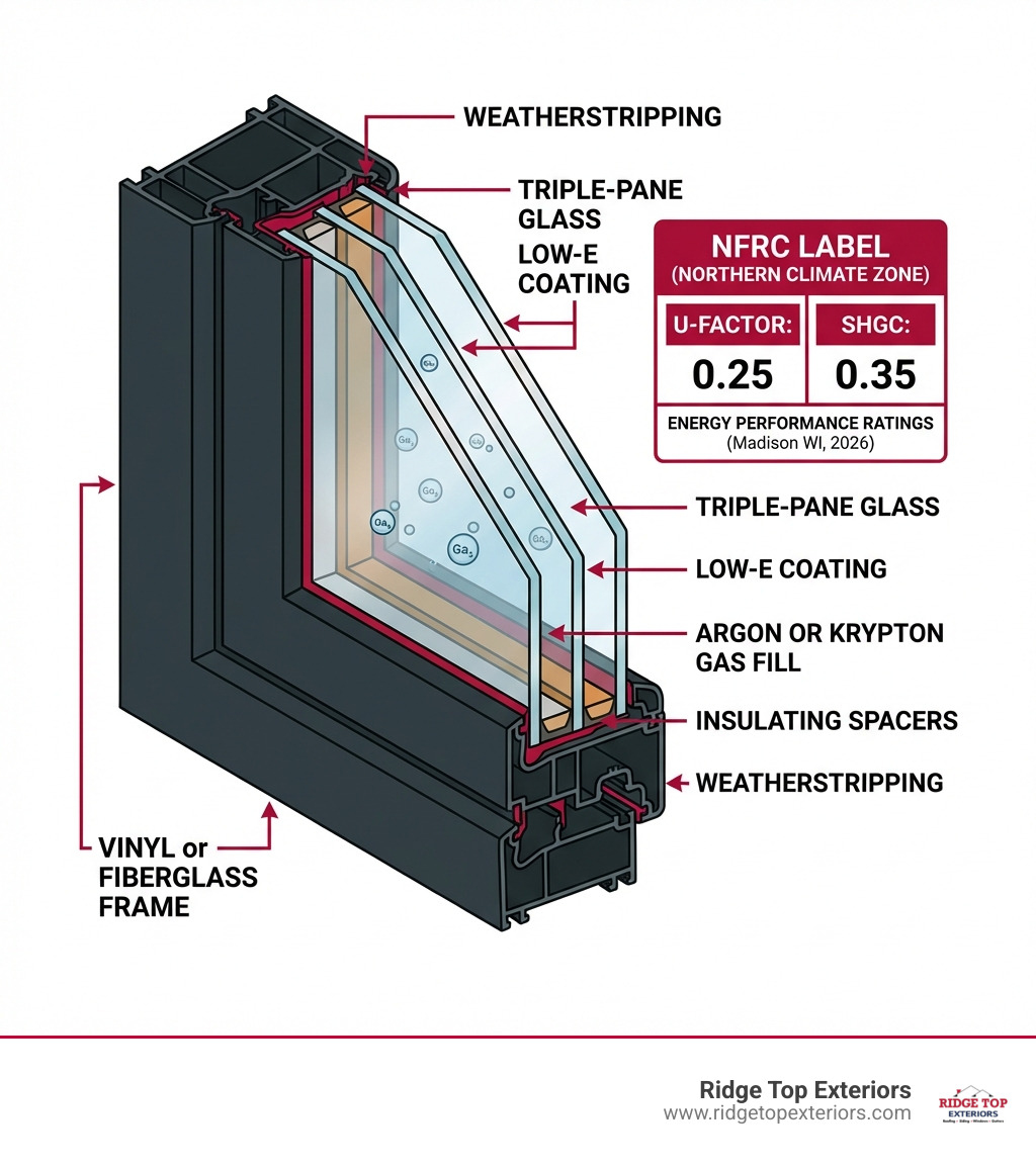 Infographic showing the anatomy of an energy-efficient window with labeled components: triple-pane glass with Low-E coating, argon or krypton gas fill between panes, insulating spacers, vinyl or fiberglass frame, weatherstripping, and NFRC label showing U-factor and SHGC ratings for Madison's Northern climate zone - how to find energy-efficient windows in madison wi infographic Infographic showing the anatomy of an energy-efficient window with labeled components: triple-pane glass with Low-E coating, argon or krypton gas fill between panes, insulating spacers, vinyl or fiberglass frame, weatherstripping, and NFRC label showing U-factor and SHGC ratings for Madison's Northern climate zone - how to find energy-efficient windows in madison wi infographic