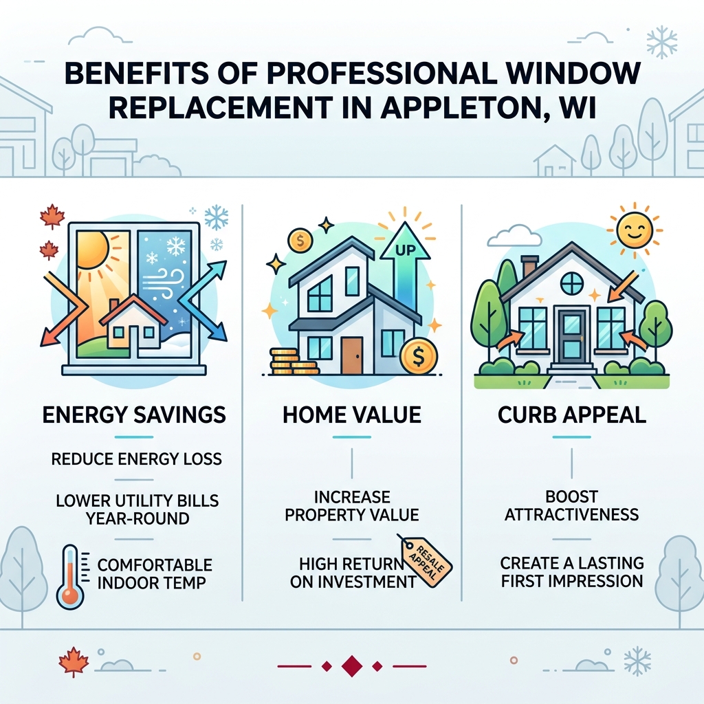 Infographic showing benefits of professional window replacement in Appleton WI: energy savings, home value, curb appeal