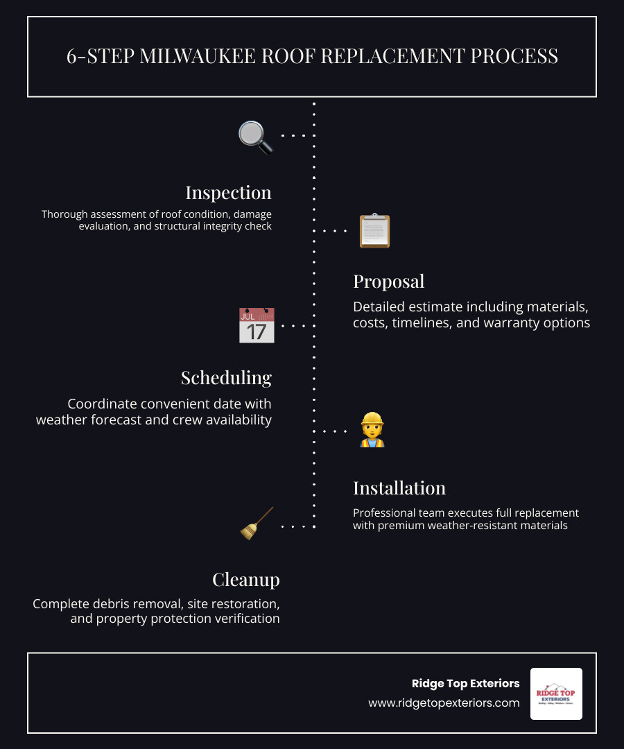 6-step Milwaukee roof replacement process infographic: Inspection, Proposal, Scheduling, Installation, Cleanup, Final 6-step Milwaukee roof replacement process infographic: Inspection, Proposal, Scheduling, Installation, Cleanup, Final