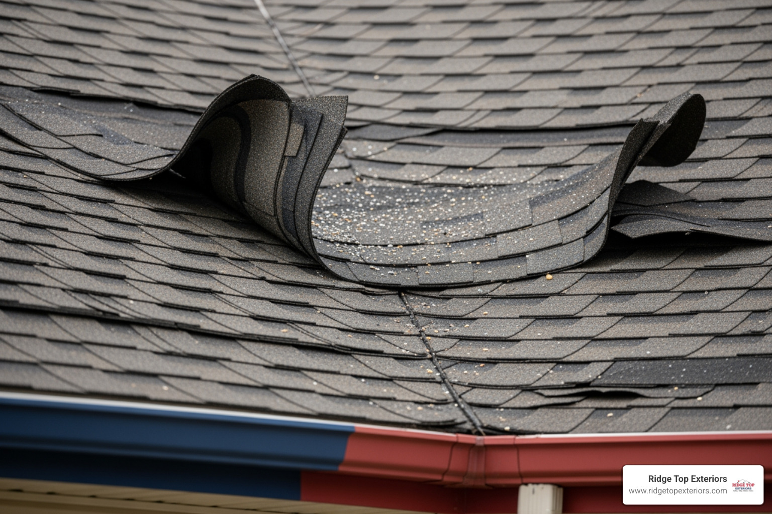 wind-damaged shingles with visible lifting and creasing - insurance claims roofing