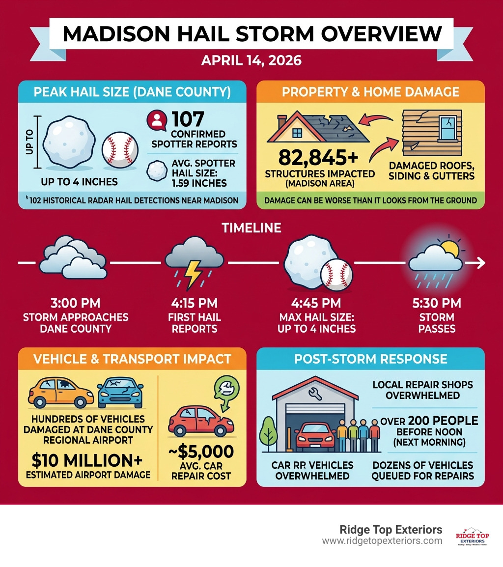 April 14 2026 Madison hail storm timeline damage overview infographic - Madison Hail Damage infographic 