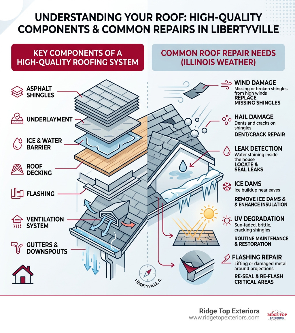 Infographic showing key components of a high-quality Libertyville roofing system and common repair needs - Libertyville roof
