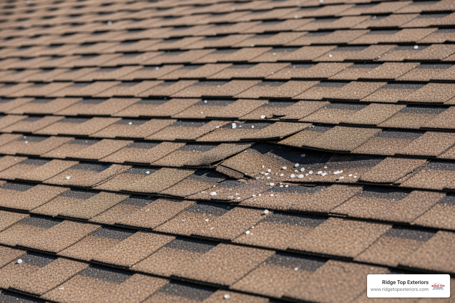 Close up of hail-damaged asphalt shingles showing loss of granules and bruising - Libertyville roof repair